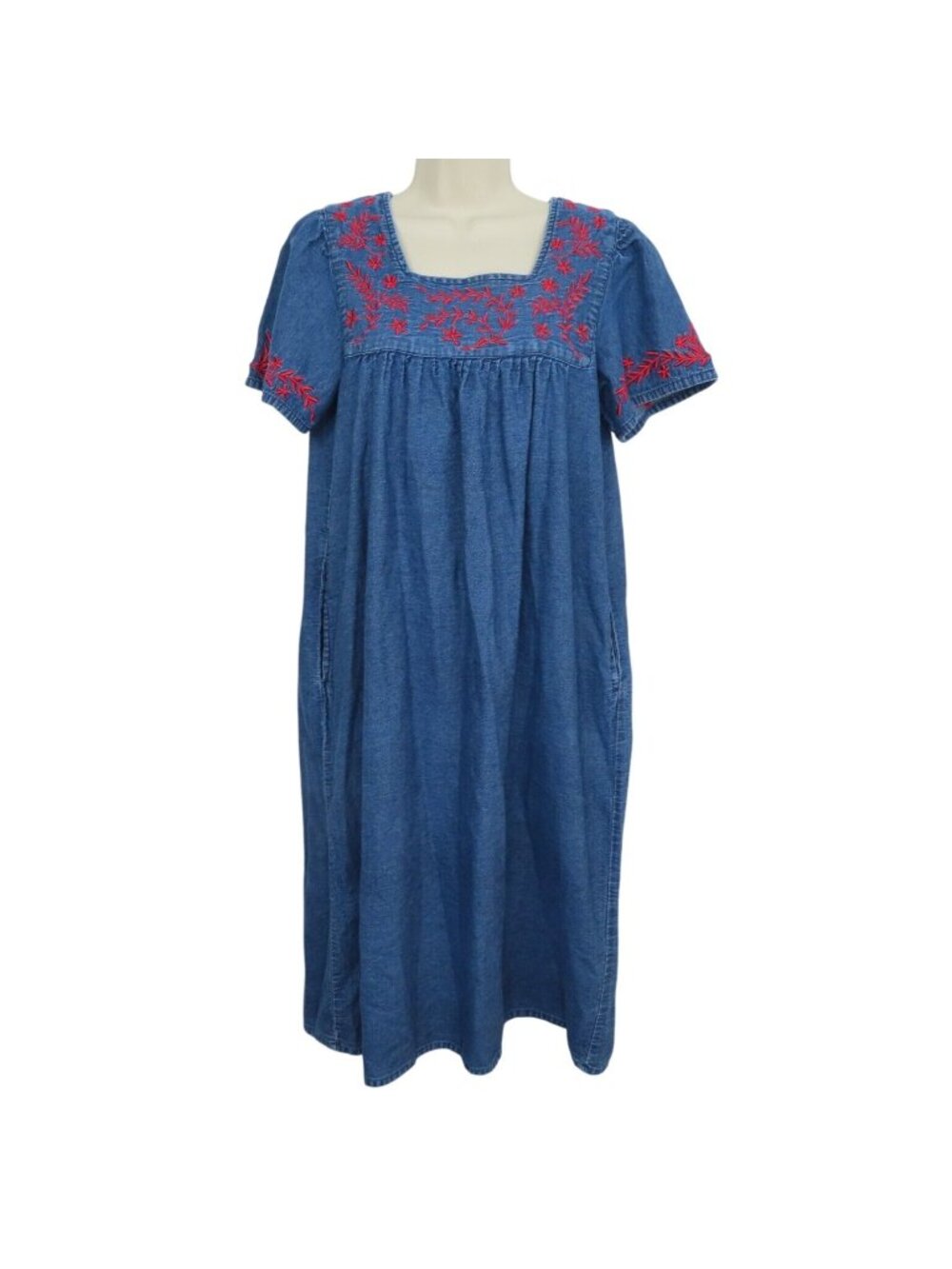 Loungees Womens Small Red Embroidered Flower Chambray House Dress Nightgown PJs
